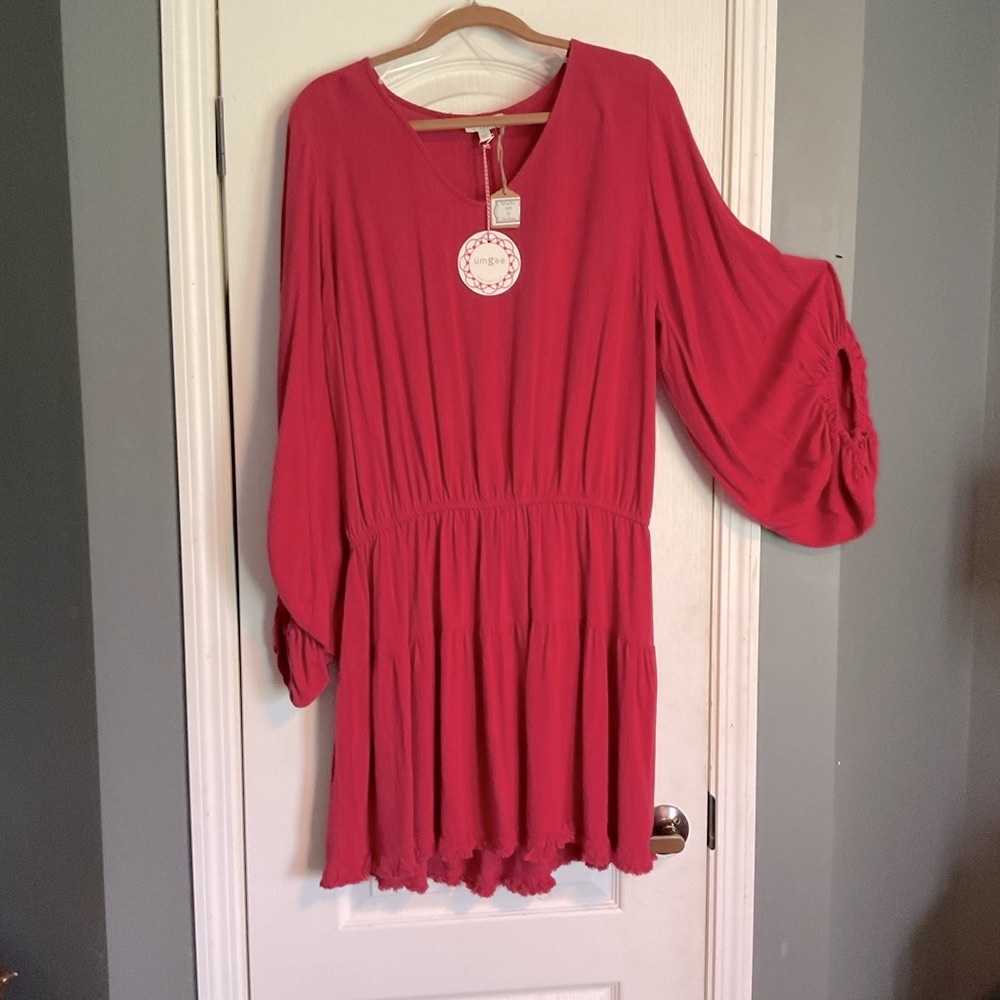 NWT Umgee Linen V-Neck Dress Womens Sz L Red, Balloon Sleeve,Casual Beach Boho